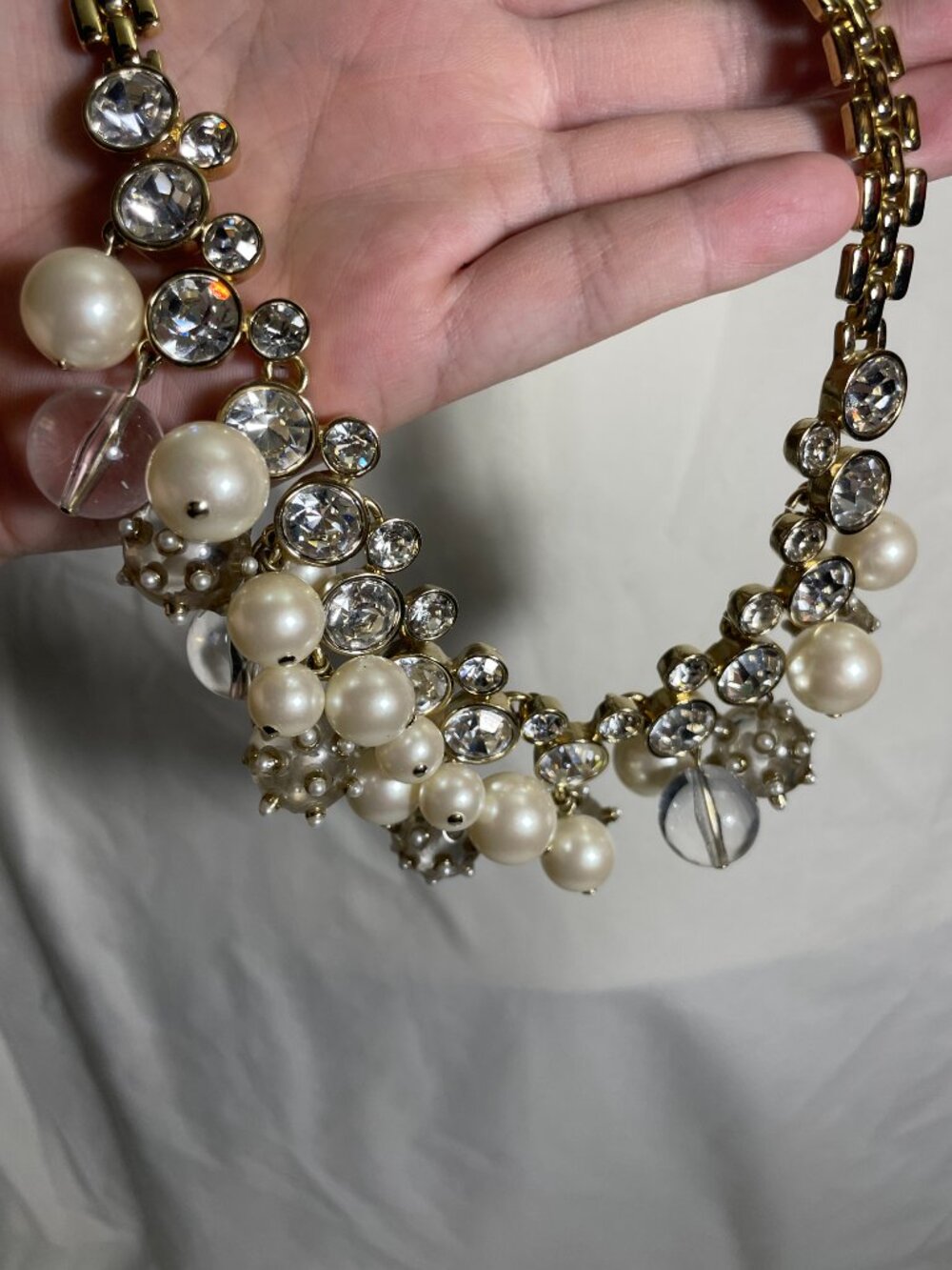 Gold Tone Rhinestone Faux Pearl Beaded Statement Bib Necklace 16” Toggle